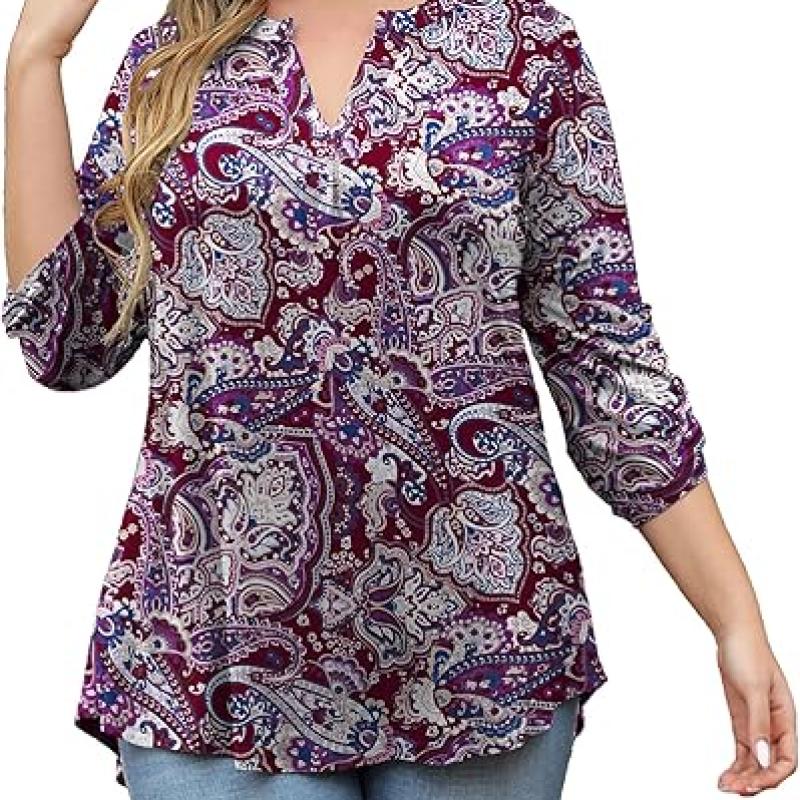 Womens Tops Dressy Casual 3/4 Sleeve Shirts Tunic Blouses Plus Size Tops for Women