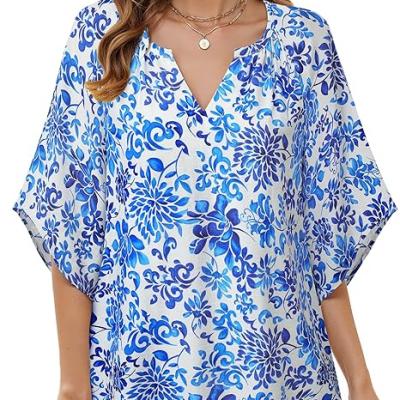 Womens 3/4 Sleeve V Neck Bohemian Peasant Blouses Casual Loose Fit Tunic Tops