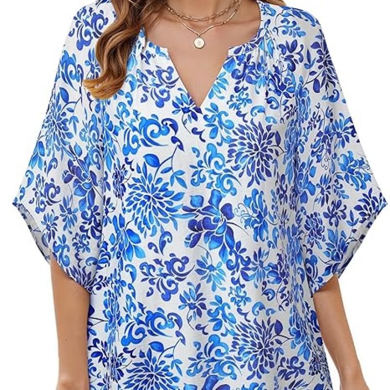 Womens 3/4 Sleeve V Neck Bohemian Peasant Blouses Casual Loose Fit Tunic Tops